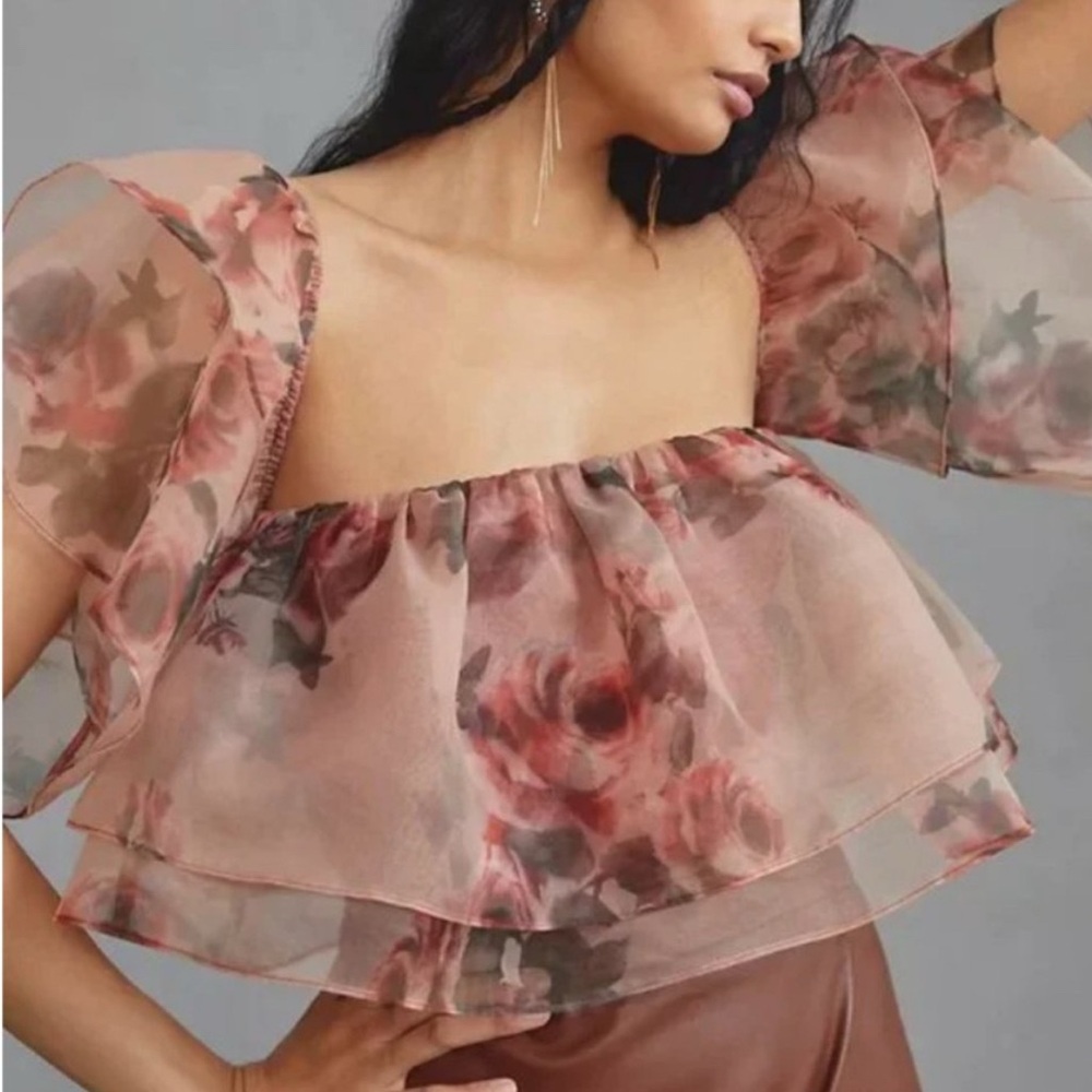 DOLAN Tiered Organza Floral Ruffle Top